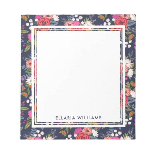 Boho Floral Pattern - Navy Blue - Name Notizblock (Vorderseite)