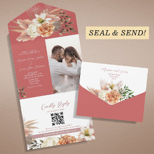 Boho Floral Peach Wedding All In One Einladung