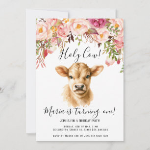 Boho Floral Peony Highland Cow Kindergeburtstag Einladung