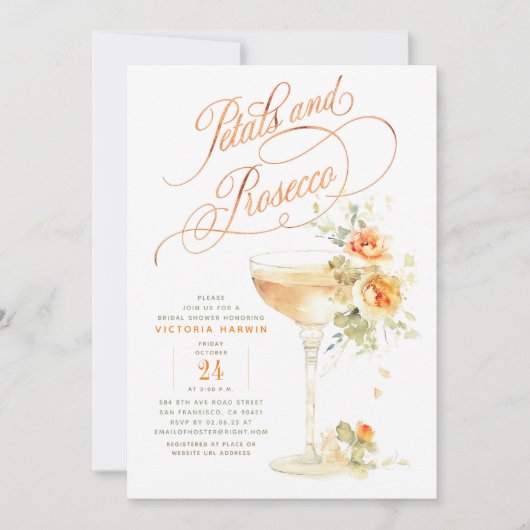 Boho Floral Petals und Prosecco Brautparty Einladung (Vorderseite)