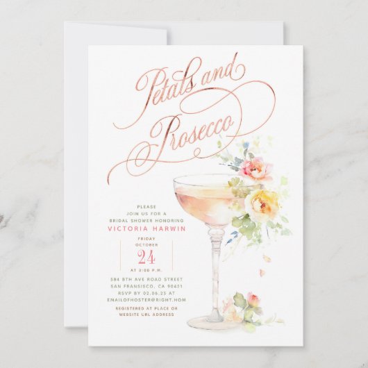 Boho Floral Petals und Prosecco Brautparty Einladung (Vorderseite)
