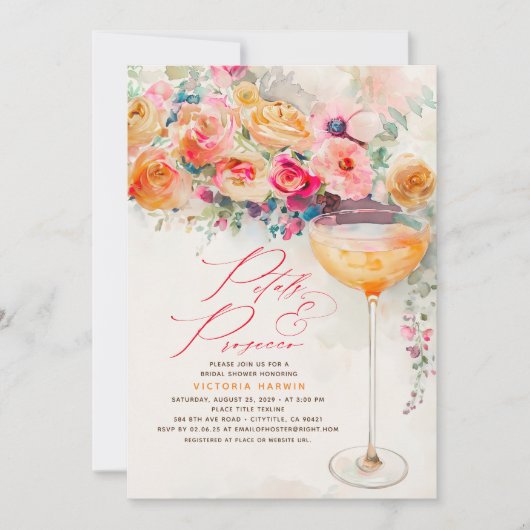 Boho Floral Petals und Prosecco Brautparty Einladung (Vorderseite)
