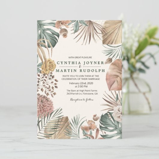 Boho Floral Pflanze Hochzeit Einladung (Stehend Vorderseite)