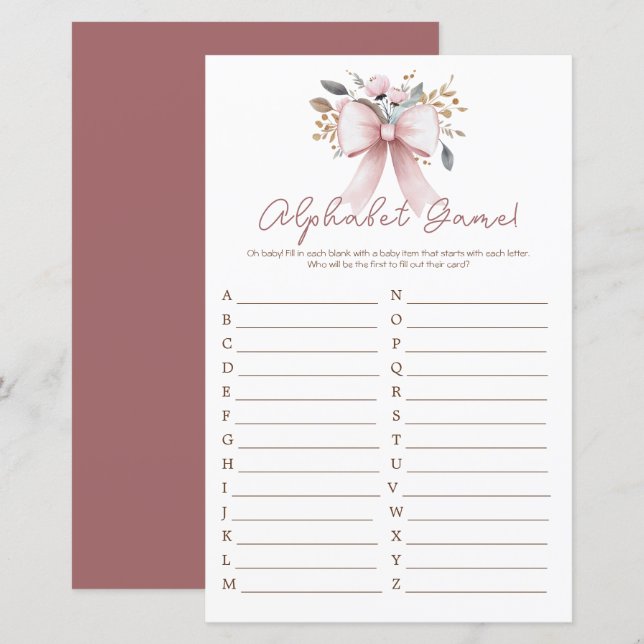 Boho Floral Pink Bow Girl Babydusche Alphabet (Vorne/Hinten)