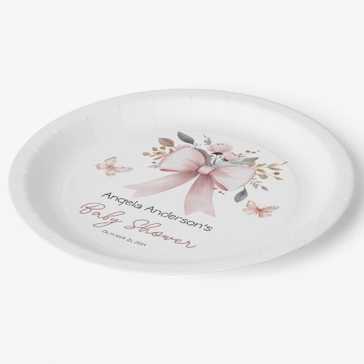 Boho Floral Pink Bow Girl Babydusche Pappteller (Schrägansicht)