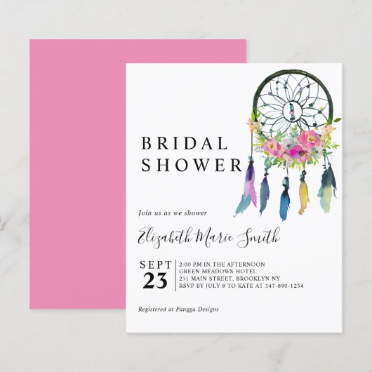 Boho Floral Pink Budget Bridal Dusche Einladung (Vorne/Hinten)