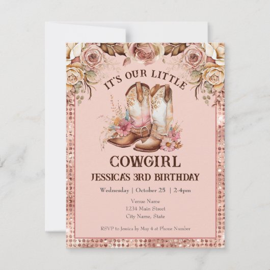 Boho Floral Pink Cowgirl Birthday Rodeo Einladung (Vorderseite)