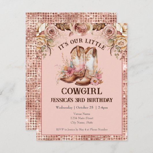 Boho Floral Pink Cowgirl Birthday Rodeo Einladung (Vorne/Hinten)