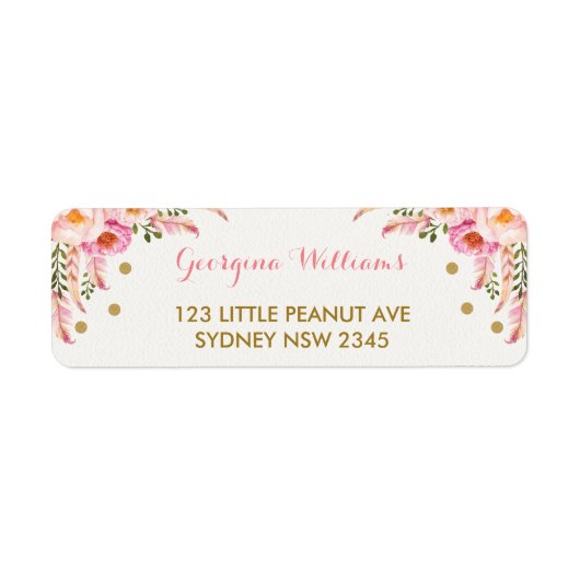 Boho Floral Pink Gold Babydusche Etikett (Vorne)