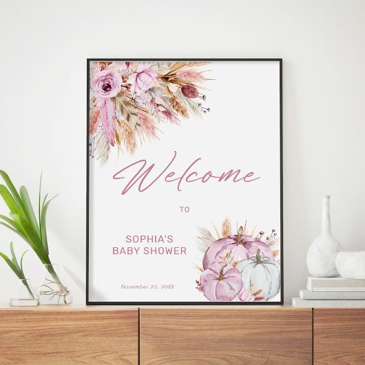 Boho Floral Pink Pumpkin Baby Dusche Willkommen Poster