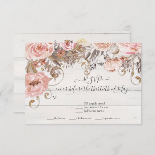 Boho Floral Pink Rose Rustic Wood UAWG Response RSVP Karte (Vorne/Hinten)