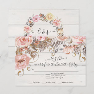 Boho Floral Pink Rose Rustic Wood UAWG Response RSVP Karte