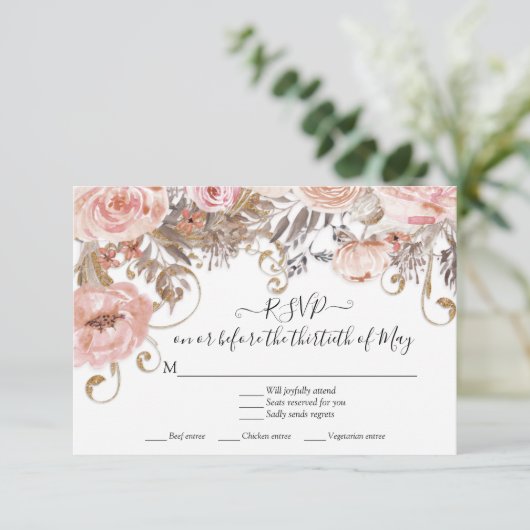 Boho Floral Pink Roses Earth Tone UAWG Response RSVP Karte (Stehend Vorderseite)
