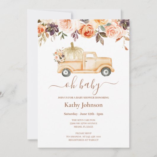 Boho Floral Pumpkin Lieferwagen Truck Baby Shower  Einladung (Vorderseite)