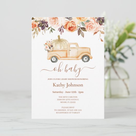 Boho Floral Pumpkin Lieferwagen Truck Baby Shower Einladung (Stehend Vorderseite)