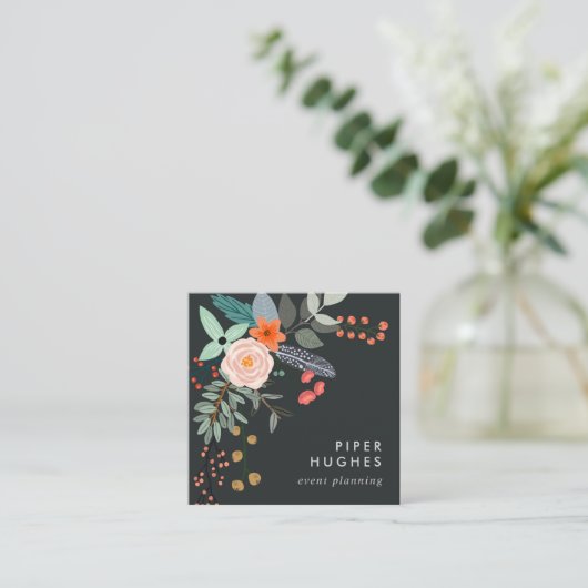 Boho Floral QR Code Quadratische Visitenkarte (Stehend Vorderseite)