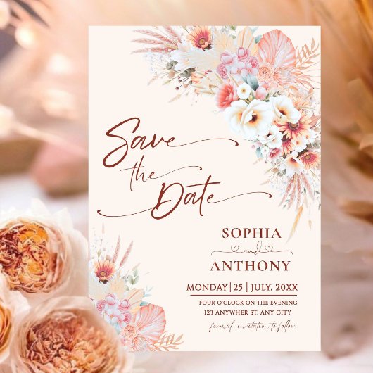 Boho Floral QR-Code Save the Date | Blush Peach