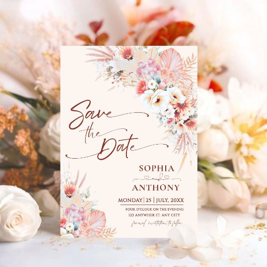 Boho Floral QR-Code Save the Date | Blush Peach