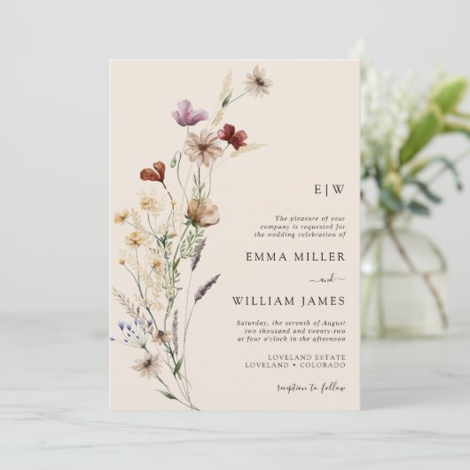 Boho Floral QR Code Wedding Einladung (Stehend Vorderseite)