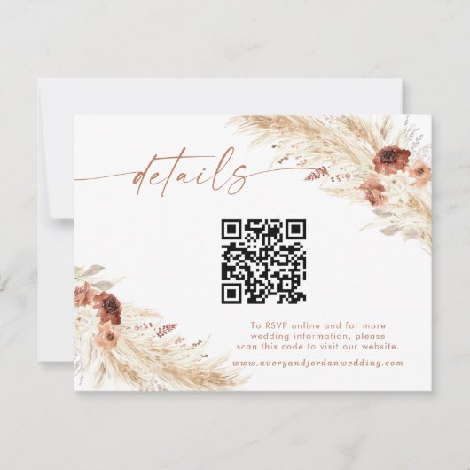Boho Floral QR Code Wedding Website Details Karte (Vorderseite)