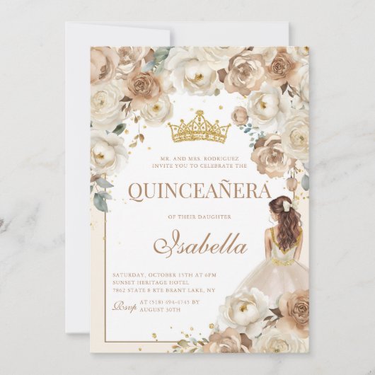 Boho Floral Quinceanera Champagne Mis Quince Anos Einladung (Vorderseite)