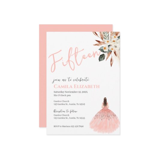 Boho Floral Quinceañera Einladung (Vorderseite/Rückseite Beispiel)