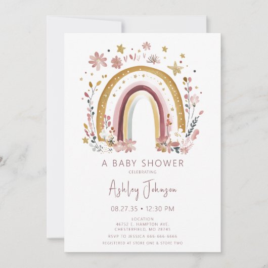 Boho Floral Rainbow Baby Shower Einladung (Vorderseite)
