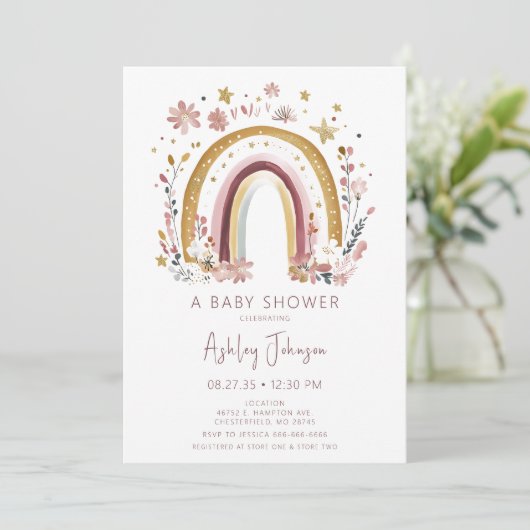 Boho Floral Rainbow Baby Shower Einladung (Stehend Vorderseite)