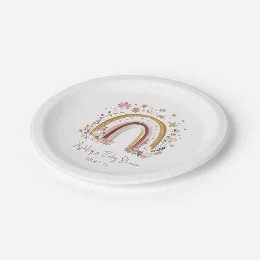 Boho Floral Rainbow Baby Shower Pappteller (Schrägansicht)