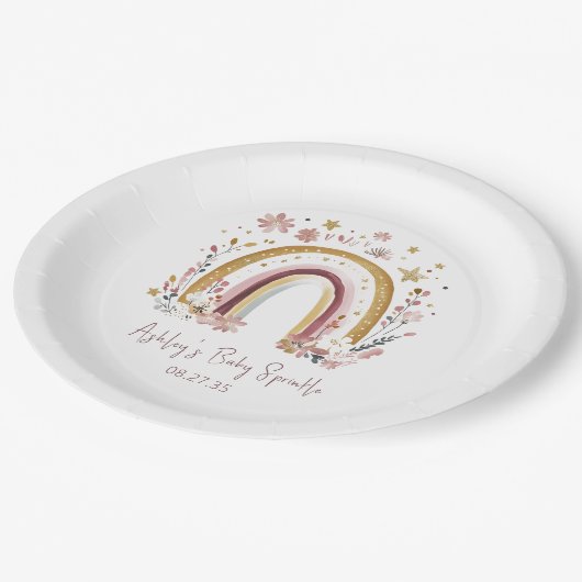 Boho Floral Rainbow Baby Sprinkle Pappteller (Schrägansicht)