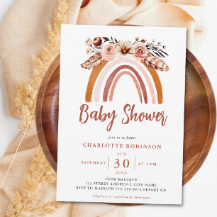 Boho Floral Rainbow Terracotta Orange Babydusche Einladung