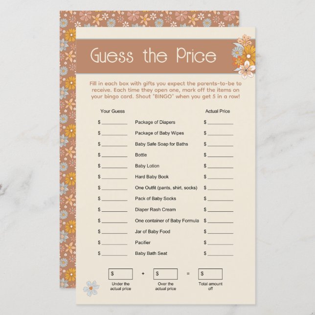 Boho Floral rät das Price Baby Shower Game (Vorne/Hinten)