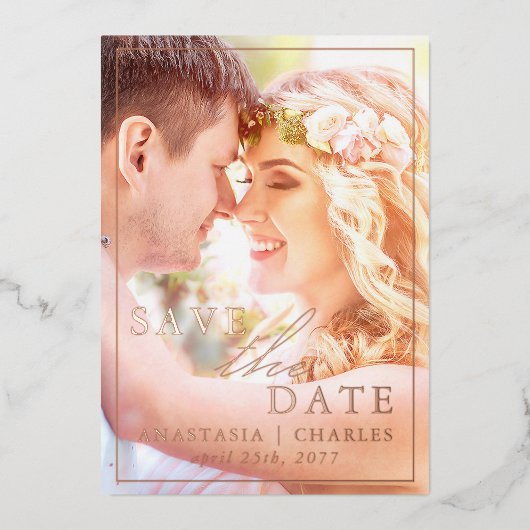 Boho Floral Real Foil Foto Save the Date Karte (Vorderseite)