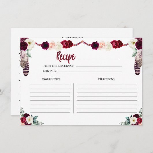 Boho Floral Rezeptkarte Begleitkarte (Vorne/Hinten)