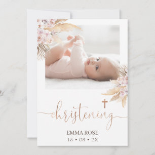 Boho Floral Rose Calligraphy Foto Christening Einladung