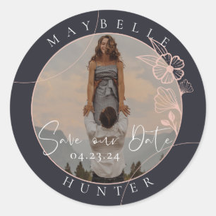 Boho Floral Rose Foto Circle Navy Save the Date Runder Aufkleber