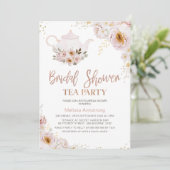Boho Floral Rose Gold Brautparty Tee Party Einladung (Stehend Vorderseite)