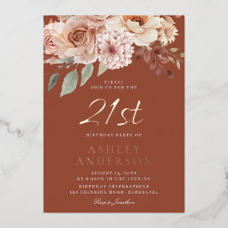Boho Floral Rose Gold Foil 21. Geburtstag Party Folieneinladung