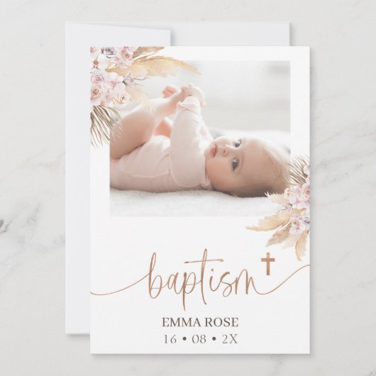 Boho Floral Rose Gold Kalligrafie Foto Taufe Einladung (Vorderseite)