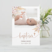 Boho Floral Rose Gold Kalligrafie Foto Taufe Einladung (Stehend Vorderseite)