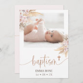 Boho Floral Rose Gold Kalligrafie Foto Taufe Einladung (Vorne/Hinten)