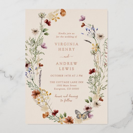 Boho Floral Rose Gold Wedding Foil Einladung (Vorderseite)