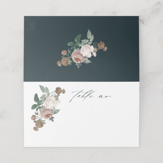 Boho Floral Rose Script Wedding Platzkarte (Außenseite Aufgefaltet)