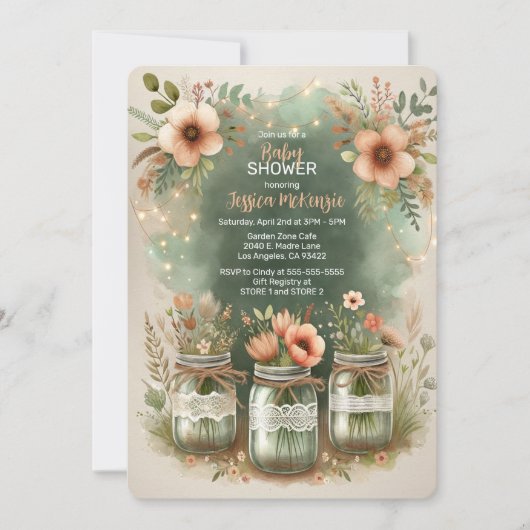 Boho Floral Rustic Floral Mason Jar Baby Dusche Einladung (Vorderseite)