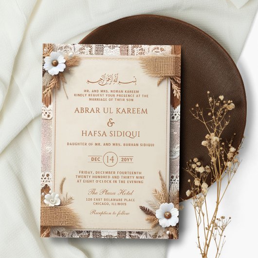 Boho Floral Rustic Monogram Islamic Wedding Einladung