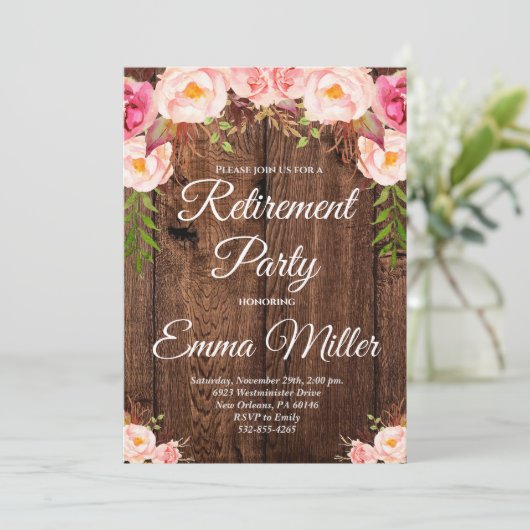 Boho Floral Rustic Rentirement Party Einladung (Stehend Vorderseite)