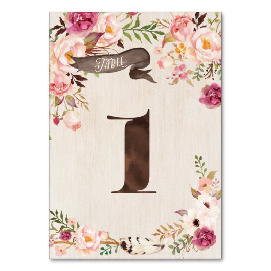 Boho Floral Rustic Wedding Tischnummer Card (Vorderseite)