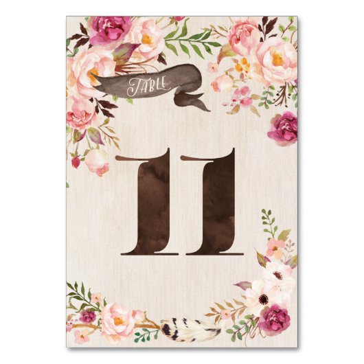 Boho Floral Rustic Wedding Tischnummer Card 11 (Vorderseite)