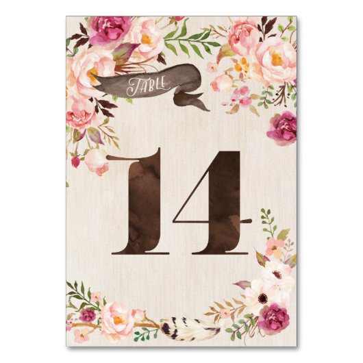 Boho Floral Rustic Wedding Tischnummer Card 14 (Vorderseite)