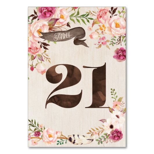 Boho Floral Rustic Wedding Tischnummer Card 21 (Rückseite)